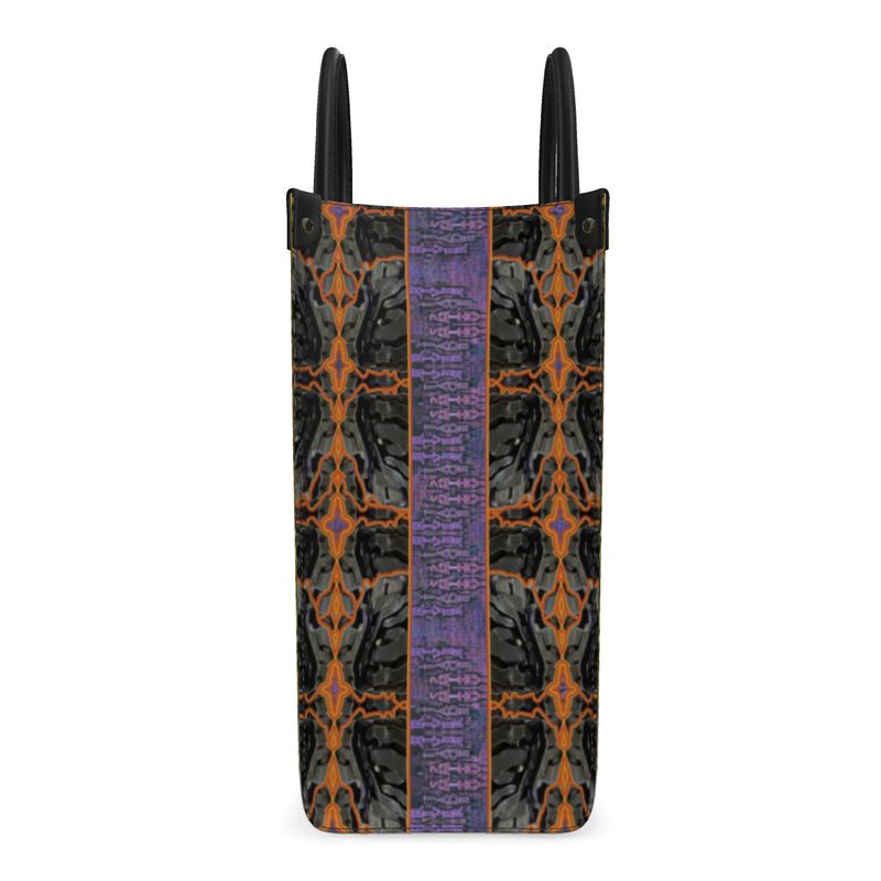 Hand Crafted, River Jade Smithy, Travis Huffaker, RJSTH, England, Apparel & Accessories > Handbags, Wallets & Cases > Handbags, Shoppers Bag, RJSTH@FABRIC#6, Nappa Leather, Large - 15.7" x 13.4" x 7.1" / Weight: 2.4 lbs, Small - 13.8" x 11.0" x 6.1" / Weight: 2.0 lbs, Black Handle, raku, glass, Bronze, gold, blue, crackle, & purple, stripe, through, woven, Copper on both side ends, other side end