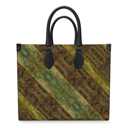 Hand Crafted, River Jade Smithy, Travis Huffaker, RJSTH, England, Apparel & Accessories > Handbags, Wallets & Cases > Handbags, Shoppers Bag, RJSTH@FABRIC#6, Nappa Leather, Large - 15.7" x 13.4" x 7.1" / Weight: 2.4 lbs, Small - 13.8" x 11.0" x 6.1" / Weight: 2.0 lbs, Black Handle, raku, glass, Bronze, gold, blue, crackle, & purple, stripe, through, woven, Copper on both side ends, front