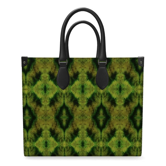 Hand Crafted, River Jade Smithy, Travis Huffaker, RJSTH, England, Apparel & Accessories > Handbags, Wallets & Cases > Handbags, Shoppers Bag, RJSTH@FABRIC#10, Nappa Leather, Large - 15.7" x 13.4" x 7.1" / Weight: 2.4 lbs, Small - 13.8" x 11.0" x 6.1" / Weight: 2.0 lbs, Black Handle, Green, Jade, blue stripe through woven Copper on both ends, front