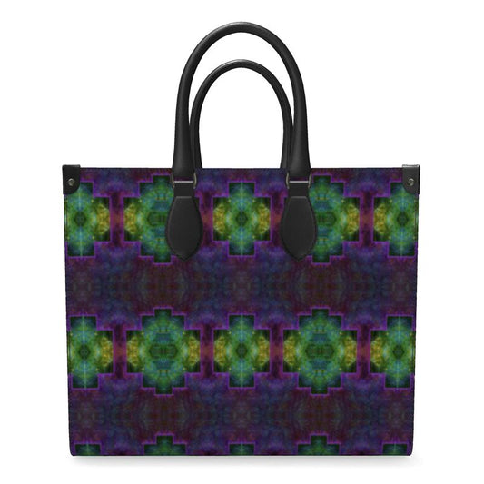Hand Crafted, River Jade Smithy, Travis Huffaker, RJSTH, England, Apparel & Accessories > Handbags, Wallets & Cases > Handbags, Shoppers Bag, RJSTH@FABRIC#11, Nappa Leather, Large - 15.7" x 13.4" x 7.1" / Weight: 2.4 lbs, Small - 13.8" x 11.0" x 6.1" / Weight: 2.0 lbs, Black Handle, absract, raku, Green, purple, blue stripe through woven Copper on both ends. front
