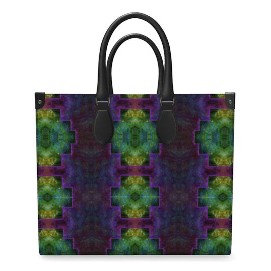 Hand Crafted, River Jade Smithy, Travis Huffaker, RJSTH, England, Apparel & Accessories > Handbags, Wallets & Cases > Handbags, Shoppers Bag, RJSTH@FABRIC#11, Nappa Leather, Large - 15.7" x 13.4" x 7.1" / Weight: 2.4 lbs, Small - 13.8" x 11.0" x 6.1" / Weight: 2.0 lbs, Black Handle, geometric, raku, Green, purple, blue stripe through woven Copper on both ends, front