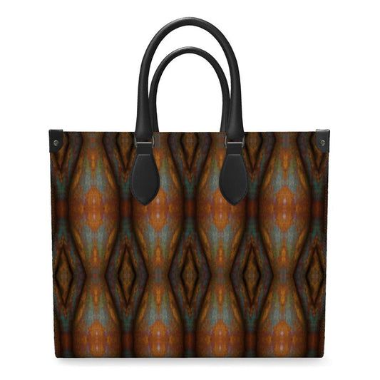 Hand Crafted, River Jade Smithy, Travis Huffaker, RJSTH, England, Apparel & Accessories > Handbags, Wallets & Cases > Handbags, Shoppers Bag, RJSTH@FABRIC#12, Nappa Leather, Large - 15.7" x 13.4" x 7.1" / Weight: 2.4 lbs, Small - 13.8" x 11.0" x 6.1" / Weight: 2.0 lbs, Black Handle, geometric, raku, red, orange, gray, blue stripe through woven Copper on both ends, front