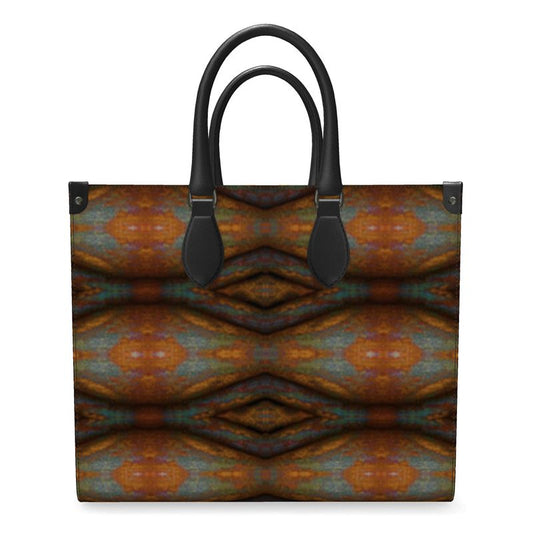 Hand Crafted, River Jade Smithy, Travis Huffaker, RJSTH, England, Apparel & Accessories > Handbags, Wallets & Cases > Handbags, Shoppers Bag, RJSTH@FABRIC#12, Nappa Leather, Large - 15.7" x 13.4" x 7.1" / Weight: 2.4 lbs, Small - 13.8" x 11.0" x 6.1" / Weight: 2.0 lbs, Black Handle, geometric, raku, red, orange, gray, blue stripe through woven Copper on both ends, front