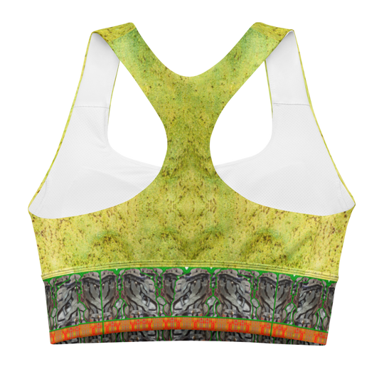 River Jade Smithy, by Travis Huffaker, RJSTHFabric #2 , stunning, handmade, print on demand, longline sports bra, green, moss like, swirls of green, brown spots, custom fabric. Created from the colors of Raku sculpture., orange stripe at the bottom of the bra, Tree Link, band above the stripe and below the cleavage. composed of woven layers of copper and silver smithed flattened braid, from original art. Sports wear, lingerie, active wear, a hint of magic, back