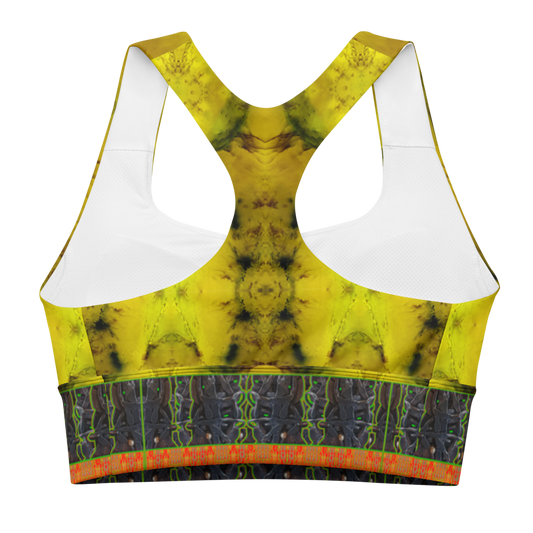 iver Jade Smithy, by Travis Huffaker, RJSTHFabric #1 , stunning, handmade, print on demand, longline sports bra, deep yellow jade, square patterns, an orange stripe at the bottom of the bra with a Tree Link, band above the stripe and below the cleavage. Tree link is composed of woven layers of copper and silver smithed flattened braid., the rest in deep yellow jade , custom fabric. actual Jade colors. from original art. Sports wear, lingerie, active wear, a hint of magic. back