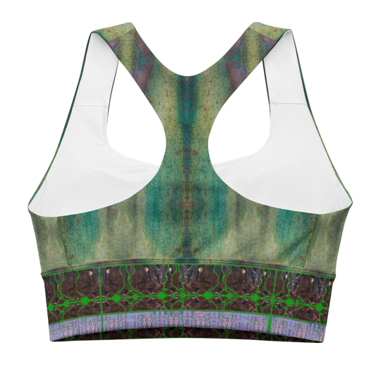 River Jade Smithy, by Travis Huffaker, RJSTH@Fabric #4 , stunning, handmade, print on demand, longline sports bra, deep blue, green glass, purples, kiln smoke grays, compose this custom fabric. Colors of Raku sculpture. Built by RJSTH from original art. Purple stripe at the bottom of the bra, Tree Link, band above the stripe and below the cleavage. composed of woven layers of copper and silver smithed flattened braid., Sports wear, lingerie, active wear, a hint of magic. back