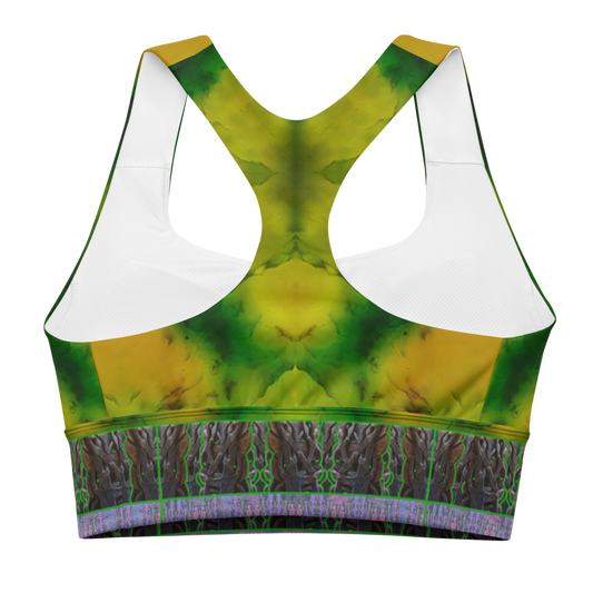 River Jade Smithy, by Travis Huffaker, RJSTH@Fabric#5 , stunning, handmade, print on demand, longline sports bra, bright green jade, swirls of lighter & darker green compose this custom print on demand fabric. Colors of actual Jade, purple stripe at the bottom of the bra, Tree Link, band above the stripe, composed of woven layers of copper and silver smithed flattened braid., jeweled jade patterns above, from original art. Sports wear, lingerie, active wear, a hint of magic., back