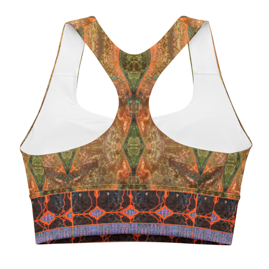 River Jade Smithy, by Travis Huffaker, RJSTH@Fabric #6, stunning, handmade, print on demand, longline sports bra, red, deep copper, bronze, blue glass rivers, compose this custom fabric. Colors of Raku sculpture. Built by RJSTH from original art. Purple stripe at the bottom of the bra, Tree Link, band above the stripe and below the cleavage. Composed of woven layers of copper and silver smithed flattened braid. Sports wear, lingerie, active wear, a hint of magic. back.