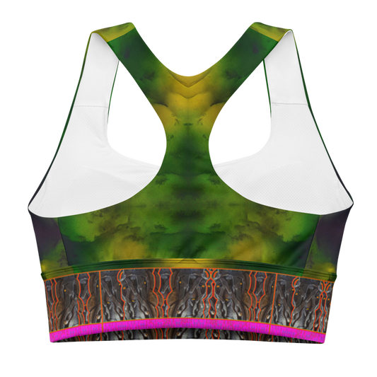 River Jade Smithy, by Travis Huffaker, RJSTH@Fabric#7, stunning, handmade, print on demand, longline sports bra, deep green jade, swirls of lighter lighter & darker purple compose this custom print on demand fabric. Colors of actual Jade, w/ pink stripe at the bottom of the bra, Tree Link, band above the stripe, composed of woven layers of copper and silver smithed flattened braid., jeweled jade patterns above, from original art. Sports wear, lingerie, active wear, a hint of magic., back