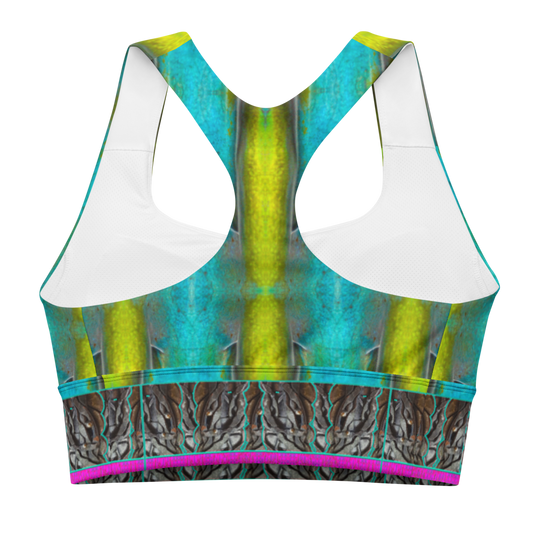 River Jade Smithy by Travis Huffaker, RJSTH@Fabric #8 stunning, handmade, print on demand, longline sports bra, crackle glass blues, kiln smoke grays, mottled deep greens, yellow sand stripes, compose this custom fabric. Colors of Raku sculpture. Built by RJSTH from original art. Pink stripe at the bottom of the bra, Tree Link, band above the stripe and below the cleavage. Composed of woven layers of copper and silver smithed flattened braid. Sports wear, lingerie, active wear, a hint of magic., back