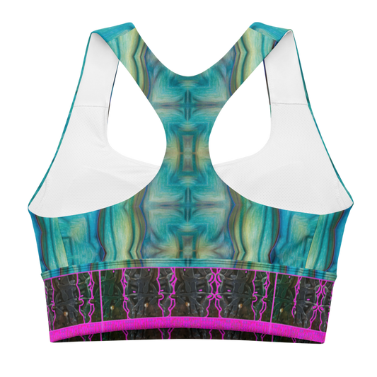 River Jade Smithy by Travis Huffaker, RJSTH@Fabric #9 stunning, handmade, print on demand, longline sports bra, abstract geometries of crackle glass blues, kiln smoke grays, mottled deep greens compose this custom fabric. Colors of Raku sculpture. Built by RJSTH from original art. Pink stripe at the bottom of the bra, Tree Link, band above the stripe and below the cleavage. Composed of woven layers of copper and silver smithed flattened braid. Sports wear, lingerie, active wear, a hint of magic, back