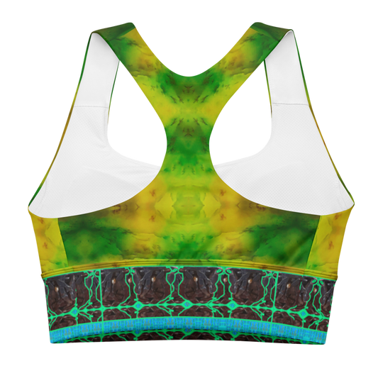 River Jade Smith by Travis Huffaker, RJSTH@Fabric#10, stunning, handmade, print on demand, longline sports bra, geometries of green jade, lighter green, mottled with red and yellow jade spots, compose this custom print on demand fabric. Colors of actual Jade, blue stripe at the bottom of the bra, Tree Link, band above the stripe, composed of woven layers of copper and silver smithed flattened braid., jeweled jade patterns above, from original art. Sports wear, lingerie, active wear, a hint of magic.