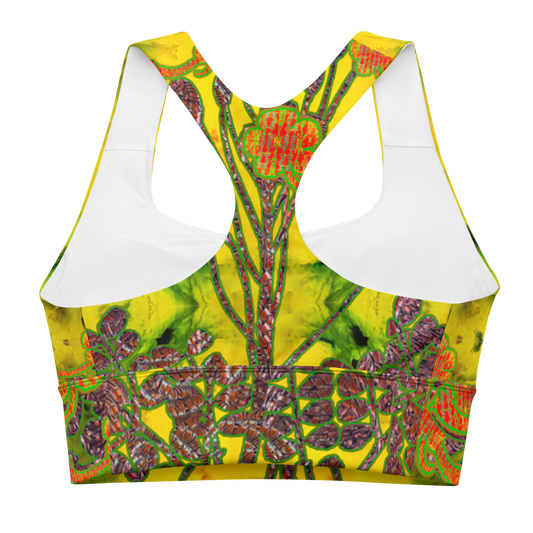 River Jade Smithy, by River Jade Smith Travis Huffaker, RJSTHFabric #1 , stunning, handmade, print on demand, longline sports bra, bright yellow jade, swirls of green stone, compose this custom print on demand fabric. Created from the colors of actual Jade. Built by RJSTH from original images. Sports wear, lingerie, active wear, a hint of magic. back, Decorated with orange flowers on woven copper stems adorn the image. Windsong Flower Collection on RJSTH@Fabric #1
