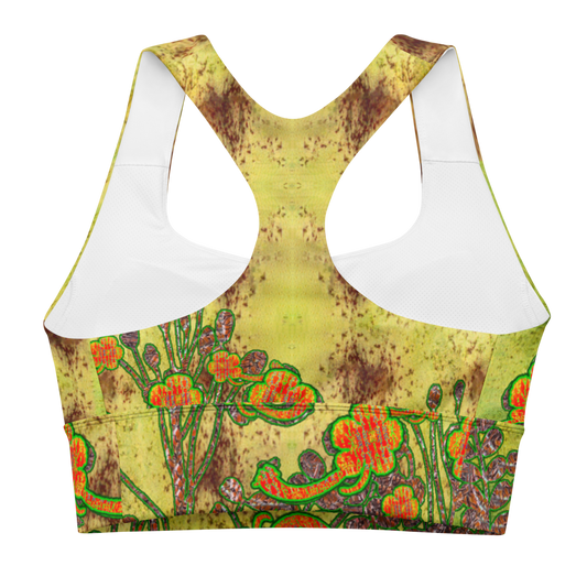 River Jade Smithy, by River Jade Smith Travis Huffaker, RJSTHFabric #2 , stunning, handmade, print on demand, longline sports bra, green, moss like, swirls of green with brown spots, compose this custom print on demand fabric. Created from the colors of Raku sculpture. Built by RJSTH from original images. Sports wear, lingerie, active wear, a hint of magic. Decorated with orange flowers on woven copper stems adorn the image. Windsong Flower Collection on RJSTH@Fabric #2, back