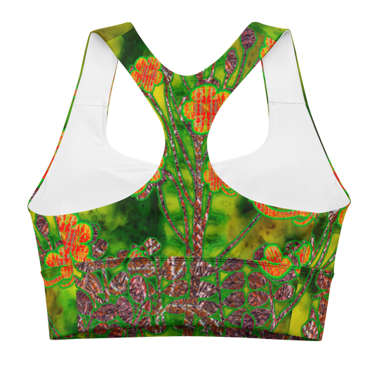River Jade Smithy, by River Jade Smith Travis Huffaker, RJSTHFabric #3 , stunning, handmade, print on demand, longline sports bra, bright green jade, swirls of darker green stone, compose this custom print on demand fabric. Created from the colors of actual Jade. Built by RJSTH from original images. Sports wear, lingerie, active wear, a hint of magic. Front, Decorated with orange flowers on woven copper stems adorn the image. Windsong Flower Collection on RJSTH@Fabric #3, back