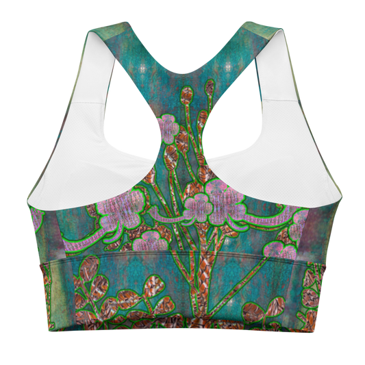 River Jade Smithy, by River Jade Smith Travis Huffaker, RJSTH@Fabric #4 , stunning, handmade, print on demand, longline sports bra, deep blue, green glass, purples, kiln smoke greys, compose this custom fabric. Created from the colors of Raku sculpture. Built by RJSTH from original art. Sports wear, lingerie, active wear, a hint of magic. Front, Decorated with purple flowers on woven copper stems adorn the image. Windsong Flower Collection on RJSTH@Fabric #4, back