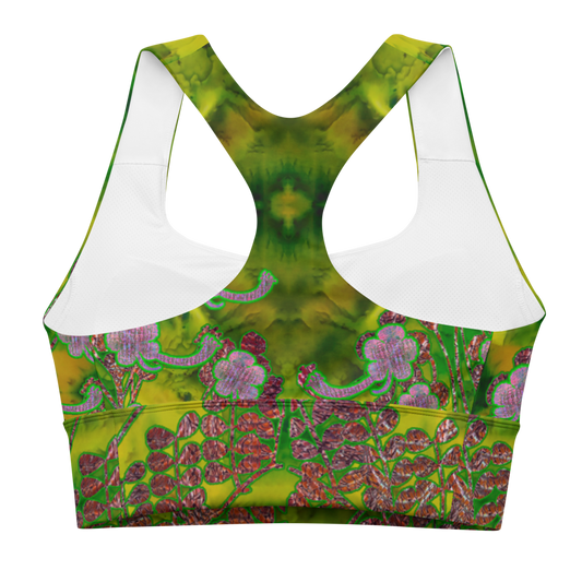 River Jade Smithy, by River Jade Smith Travis Huffaker, RJSTHFabric #5 , stunning, handmade, print on demand, longline sports bra, bright green jade, swirls of lighter & darker green, compose this custom print on demand fabric. Created from the colors of actual Jade. Built by RJSTH from original images. Sports wear, lingerie, active wear, a hint of magic. Purple flowers on woven copper stems (Windsong) adorn the image. Windsong Flower Collection on RJSTH@Fabric#5, back