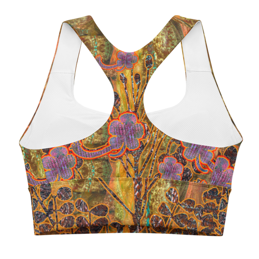 River Jade Smithy, by River Jade Smith Travis Huffaker, RJSTH@Fabric #6 , stunning, handmade, print on demand, longline sports bra, deep copper, bronze, blue glass rivers, compose this custom fabric. Created from the colors of Raku sculpture. Built by RJSTH from original art. Sports wear, lingerie, active wear, a hint of magic. Images of purple flowers on woven copper stems (Windsong) adorn the image. Windsong Flower Collection on RJSTH@Fabric#6, back