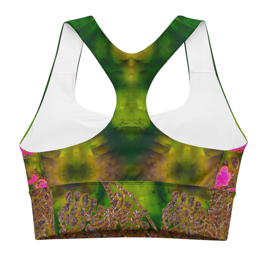 River Jade Smithy, by River Jade Smith Travis Huffaker, RJSTH@Fabric #7 , stunning, handmade, print on demand, longline sports bra, deep green jade, swirls of lighter green & darker purple, compose this custom print on demand fabric. Created from the colors of actual Jade. Built by RJSTH from original images. Sports wear, lingerie, active wear, a hint of magic. Pink flowers on woven copper stems (Windsong) adorn the image. Windsong Flower Collection on RJSTH@Fabric#7, back