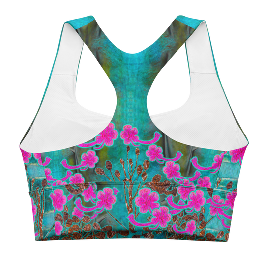 River Jade Smithy, by River Jade Smith Travis Huffaker, RJSTH@Fabric #8 , stunning, handmade, print on demand, longline sports bra, crackle glass blues, kiln smoke grays, mottled deep greens compose this custom fabric. Created from the colors of Raku sculpture. Built by RJSTH from original art. Sports wear, lingerie, active wear, a hint of magic. Images of pink flowers on woven copper stems (Windsong) adorn the image. Windsong Flower Collection on RJSTH@Fabric#8, back