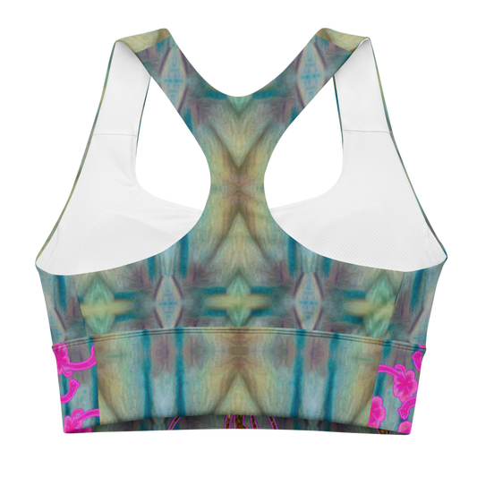 River Jade Smithy by River Jade Smith Travis Huffaker, RJSTH@Fabric #9 , stunning, handmade, print on demand, longline sports bra, abstract geometries of crackle glass blues, kiln smoke grays, mottled deep greens compose this custom fabric. Created from the colors of Raku sculpture. Built by RJSTH from original art. Sports wear, lingerie, active wear, a hint of magic. Images of pink flowers on woven copper stems (Windsong) adorn the image. Windsong Flower Collection on RJSTH@Fabric#9, back