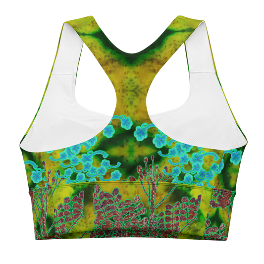 River Jade Smithy by River Jade Smith Travis Huffaker, RJSTH@Fabric #10 , stunning, handmade, print on demand, longline sports bra, waves of green jade, swirls of lighter green, mottled with red and yellow jade spots, compose this custom print on demand fabric. Created from the colors of actual Jade. Built by RJSTH from original images. Sports wear, lingerie, active wear, a hint of magic. Blue flowers on woven copper stems (Windsong) adorn the image. Windsong Flower Collection on RJSTH@Fabric#10, back