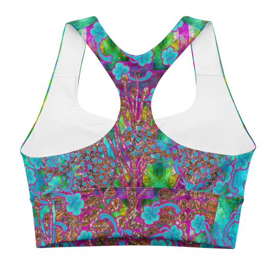 River Jade Smithy by River Jade Smith Travis Huffaker, RJSTH@Fabric #11 , stunning, handmade, print on demand, longline sports bra, Electric blues and purples in abstract geometries compose this custom fabric. Created from the colors of Raku sculpture. Built by RJSTH from original art. Sports wear, lingerie, active wear, a hint of magic. Images of blue flowers on woven copper stems (Windsong) adorn the image. Windsong Flower Collection on RJSTH@Fabric#11, back