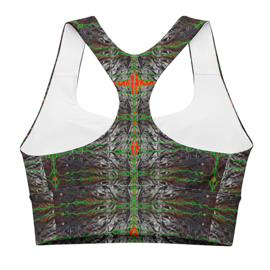 River Jade Smithy, by River Jade Smith Travis Huffaker, Tree Link w/ Rind#3, glorious, elegant shape handmade, print on demand, longline sports bra, Tree Link, images of bands of Hammered weaves of dark copper, silver beads, with a rind of green with orange cutouts, compose this custom print fabric. Created from RJSTH Smithed Jewelry. Sportswear, lingerie, active wear, a hint of magic Plus size included! Tree Link Collection with Rind #3, companion to RJSTH@Fabric#3, back