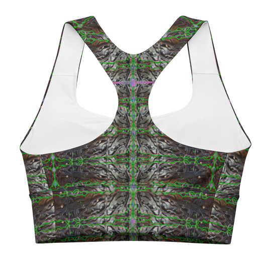 River Jade Smithy, by River Jade Smith Travis Huffaker, Tree Link w/ Rind#5, glorious, elegant shape, handmade, print on demand, longline sports bra, Tree Link, images of bands of Hammered weaves of dark copper, silver beads, with a rind of green with purple cutouts, compose this custom print fabric. Created from RJSTH Smithed Jewelry. Sportswear, lingerie, active wear, a hint of magic., Plus size included! Tree Link Collection with Rind #5, companion to RJSTH@Fabric#5, back