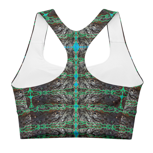 River Jade Smithy, by River Jade Smith Travis Huffaker, Tree Link w/ Rind#10, glorious, elegant shape, handmade, print on demand, longline sports bra, Tree Link, images of bands of Hammered weaves of dark copper, silver beads, with a rind of blue green with blue cutouts, compose this custom print fabric. Created from RJSTH Smithed Jewelry. Sports wear, lingerie, active wear, a hint of magic, Plus size included! Tree Link Collection with Rind #10, companion to RJSTH@Fabric#10, back