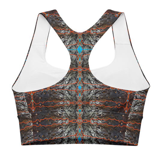 River Jade Smithy, by River Jade Smith Travis Huffaker, Tree Link w/ Rind#12, glorious, elegant shape, handmade, print on demand, longline sports bra, Tree Link, images of bands of Hammered weaves of dark copper, silver beads, with a rind of brown with blue cutouts, compose this custom print fabric. Created from RJSTH Smithed Jewelry. Sportswear, lingerie, active wear, a hint of magic. Plus size included! Tree Link Collection with Rind #12, companion to RJSTH@Fabric#12, back