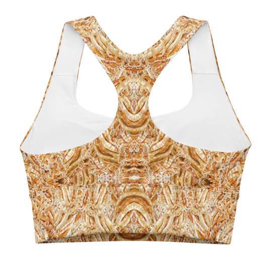 River Jade Smithy by River Jade Smith Travis Huffaker, Ouroboros Smith Collection, stunning, handmade, print on demand, longline sports bra, Images of hammered pearl like gold, bronze, and silver waves and weaves compose this custom fabric. Created from the colors of RJSTH Original smithed art. Built by RJSTH from original art. Sports wear, lingerie, active wear, a hint of magic. Perfect for any royal outing, The queen in you will approve. back