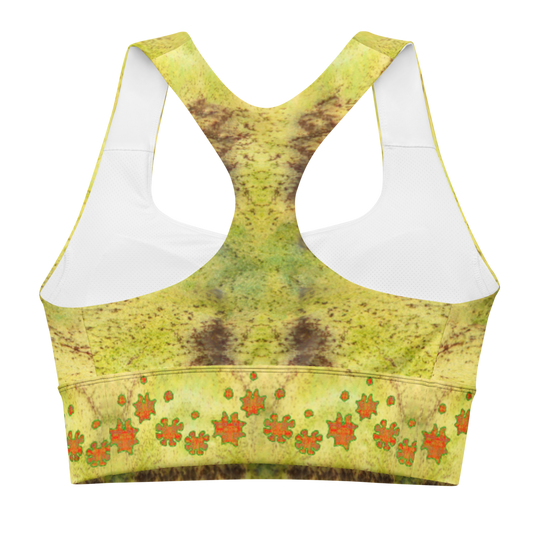 River Jade Smithy, by River Jade Smith Travis Huffaker, RJSTHFabric #2, stunning, handmade, print on demand, longline sports bra, green, moss like,, swirls of green with brown spots, compose this custom print on demand fabric. Created from the colors of Raku sculpture.Built by RJSTH from original images. Sports wear, lingerie, active wear, a hint of magic. Decorated with orange grail flowers, adorning the bottom of the sports bra. Grail Flower Collective, on RJSTH@Fabric #2, back