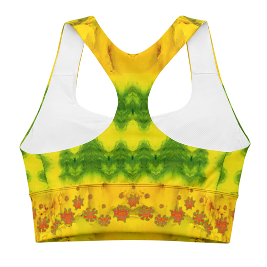 River Jade Smithy, by River Jade Smith Travis Huffaker, RJSTHFabric #1 , stunning, handmade, print on demand, longline sports bra, bright yellow jade, with square and swirl shape, swirls of green stone, compose this custom print on demand fabric. Created from the colors of actual Jade. Built by RJSTH from original images. Sports wear, lingerie, active wear, a hint of magic. Back, Decorated with orange grail flowers, adorning the bottom of the sports bra. Grail Flower Collective, on RJSTH@Fabric #1