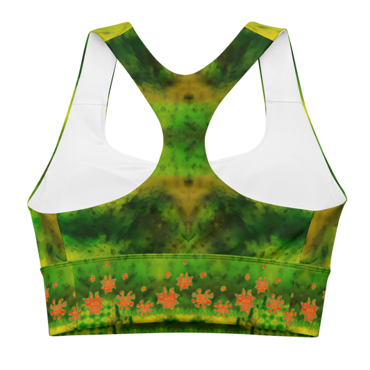 River Jade Smithy, by River Jade Smith Travis Huffaker, RJSTHFabric #3, stunning, handmade, print on demand, longline sports bra, bright green jade, swirls of darker green stone, compose this custom print on demand fabric. Created from the colors of actual Jade. Built by RJSTH from original images. Sports wear, lingerie, active wear, a hint of magic. Front, Decorated with orange grail flowers, adorning the bottom of the sports bra. Grail Flower Collective, on RJSTH@Fabric #3, back