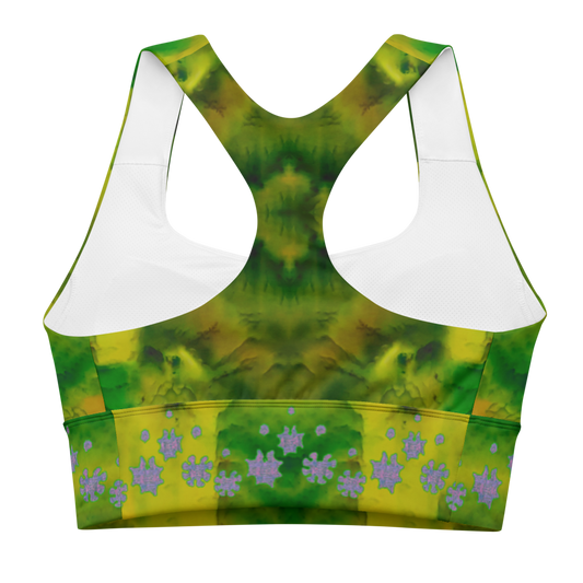 River Jade Smithy, by River Jade Smith Travis Huffaker, RJSTHFabric #5, stunning, handmade, print on demand, longline sports bra, bright green jade, swirls of lighter & darker green, compose this custom print on demand fabric. Created from the colors of actual Jade. Built by RJSTH from original images. Sports wear, lingerie, active wear, a hint of magic. Decorated with purple grail flowers, along the bottom of the sports bra. Grail Flower Collective, on RJSTH@Fabric#5. back