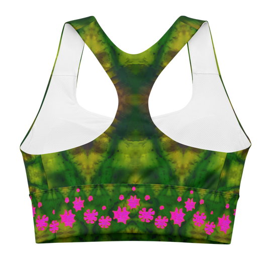 River Jade Smithy, by River Jade Smith Travis Huffaker, RJSTH@Fabric #7, stunning, handmade, print on demand, longline sports bra, deep green jade, swirls of lighter green & darker purple, compose this custom print on demand fabric. Created from the colors of actual Jade. Built by RJSTH from original images. Sports wear, lingerie, active wear, a hint of magic. Decorations of pink grail flowers, dot the bottom of the sports bra. Grail Flower Collective, on RJSTH@Fabric#7, back