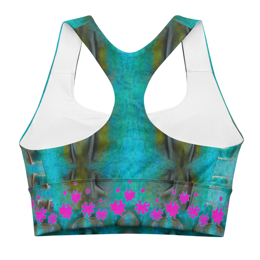 River Jade Smithy by River Jade Smith Travis Huffaker, RJSTH@Fabric #8, stunning, handmade, print on demand, longline sports bra, crackle glass blues, kiln smoke grays, mottled deep greens compose this custom fabric. Created from the colors of Raku sculpture. Built by RJSTH from original art. Sports wear, lingerie, active wear, a hint of magic. Pink grail flowers, dot the bottom of the sports bra. Grail Flower Collective, on RJSTH@Fabric#8, back