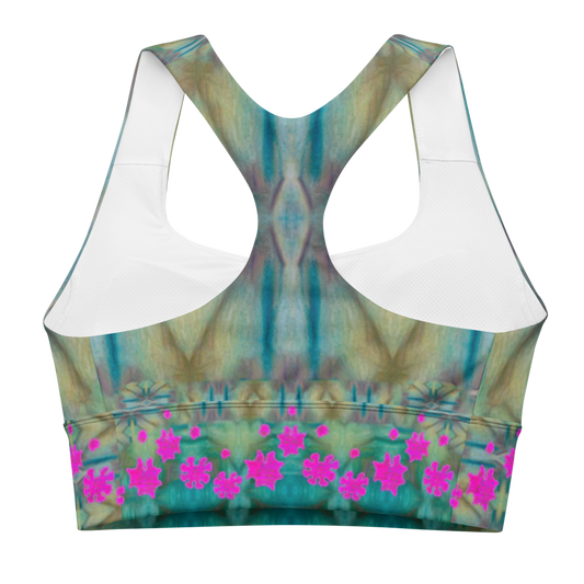 River Jade Smithy by River Jade Smith Travis Huffaker, RJSTH@Fabric #9, stunning, handmade, print on demand, longline sports bra, abstract geometries of crackle glass blues, kiln smoke grays, mottled deep greens compose this custom fabric. Created from the colors of Raku sculpture. Built by RJSTH from original art. Sports wear, lingerie, active wear, a hint of magic. Pink grail flowers, dot the bottom of the sports bra. Grail Flower Collective, on RJSTH@Fabric#9, back