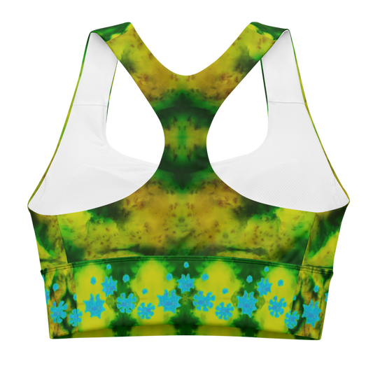 River Jade Smithy by River Jade Smith Travis Huffaker, RJSTH@Fabric #10, stunning, handmade, print on demand, longline sports bra, waves of green jade, swirls of lighter green, mottled with red and yellow jade spots, compose this custom print on demand fabric. Created from the colors of actual Jade. Built by RJSTH from original images. Sports wear, lingerie, active wear, a hint of magic. Decorations of blue grail flowers, dot the bottom of the sports bra. Grail Flower Collective, RJSTH@Fabric#10, back