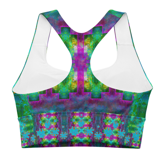 River Jade Smithy by River Jade Smith Travis Huffaker, RJSTH@Fabric #11, stunning, handmade, print on demand, longline sports bra, Electric crackles of greens, blues and purples in abstract geometries compose this custom fabric. Created from the colors of Raku sculpture. Built by RJSTH from original art. Sports wear, lingerie, active wear, a hint of magic. Blue grail flowers, dot the bottom of the sports bra. Grail Flower Collective, on RJSTH@Fabric#11, back