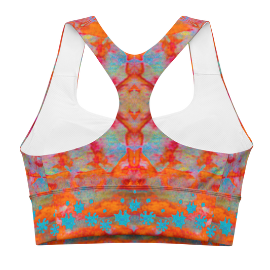 River Jade Smithy by River Jade Smith Travis Huffaker, RJSTH@Fabric #12, stunning, handmade, print on demand, longline sports bra, Fire reds, oranges, kiln smoke gray and blues compose this custom fabric. Created from the colors of Raku sculpture. Built by RJSTH from original art. Sports wear, lingerie, active wear, a hint of magic. Blue grail flowers, dot the bottom of the sports bra. Grail Flower Collective, on RJSTH@Fabric#12, back