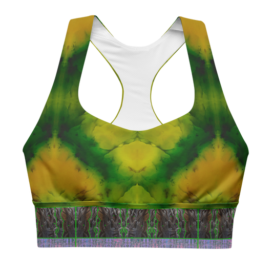 River Jade Smithy, by Travis Huffaker, RJSTH@Fabric#5 , stunning, handmade, print on demand, longline sports bra, bright green jade, swirls of lighter & darker green  compose this custom print on demand fabric.   Colors of actual Jade, purple stripe at the bottom of the bra, Tree Link, band above the  stripe, composed of woven layers of copper and silver smithed flattened braid., jeweled jade patterns above, from original art. Sports wear, lingerie, active wear, a hint of magic., front
