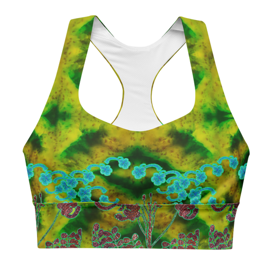 River Jade Smithy by River Jade Smith Travis Huffaker, RJSTH@Fabric #10 , stunning, handmade, print on demand, longline sports bra,  waves of green jade, swirls of lighter green, mottled with red and yellow jade spots,  compose this custom print on demand fabric.  Created from the colors of actual Jade.  Built by RJSTH from original images. Sports wear, lingerie, active wear, a hint of magic. Blue flowers on woven copper stems (Windsong) adorn the image.  Windsong Flower Collection on RJSTH@Fabric#10, front