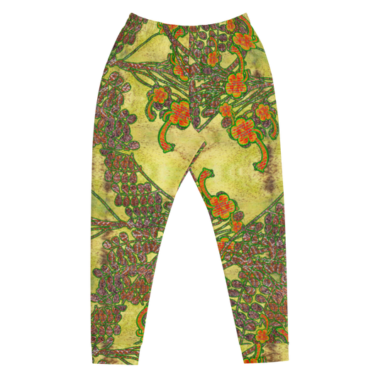 Hand Made, Print on Demand, Apparel & Accessories > Clothing > Activewear, Joggers, Sweatpants, River Jade Smithy, RJS, Travis Huffaker, RJSTH, 70% polyester, 27% cotton, 3% elastane, Slim fit, Cuffed legs, pockets, Elastic waistband, drawstring, RJSTH@Fabric#2, WindSong Flower, raku, green, orange, flowers, copper, front