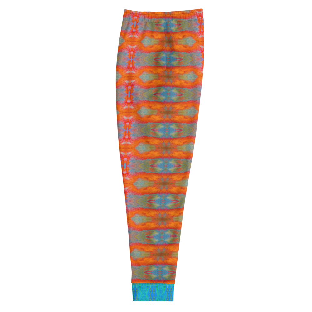 Hand Made, Print on Demand, Apparel & Accessories > Clothing > Activewear, Joggers, Sweatpants, River Jade Smithy, RJS, Travis Huffaker, RJSTH, 70% polyester, 27% cotton, 3% elastane, Slim fit, blue, Cuffed legs, pockets, Elastic waistband, drawstring, RJSTH#Fabric#12, raw Collection, raku, orange, red, gray, blue, geometric, side