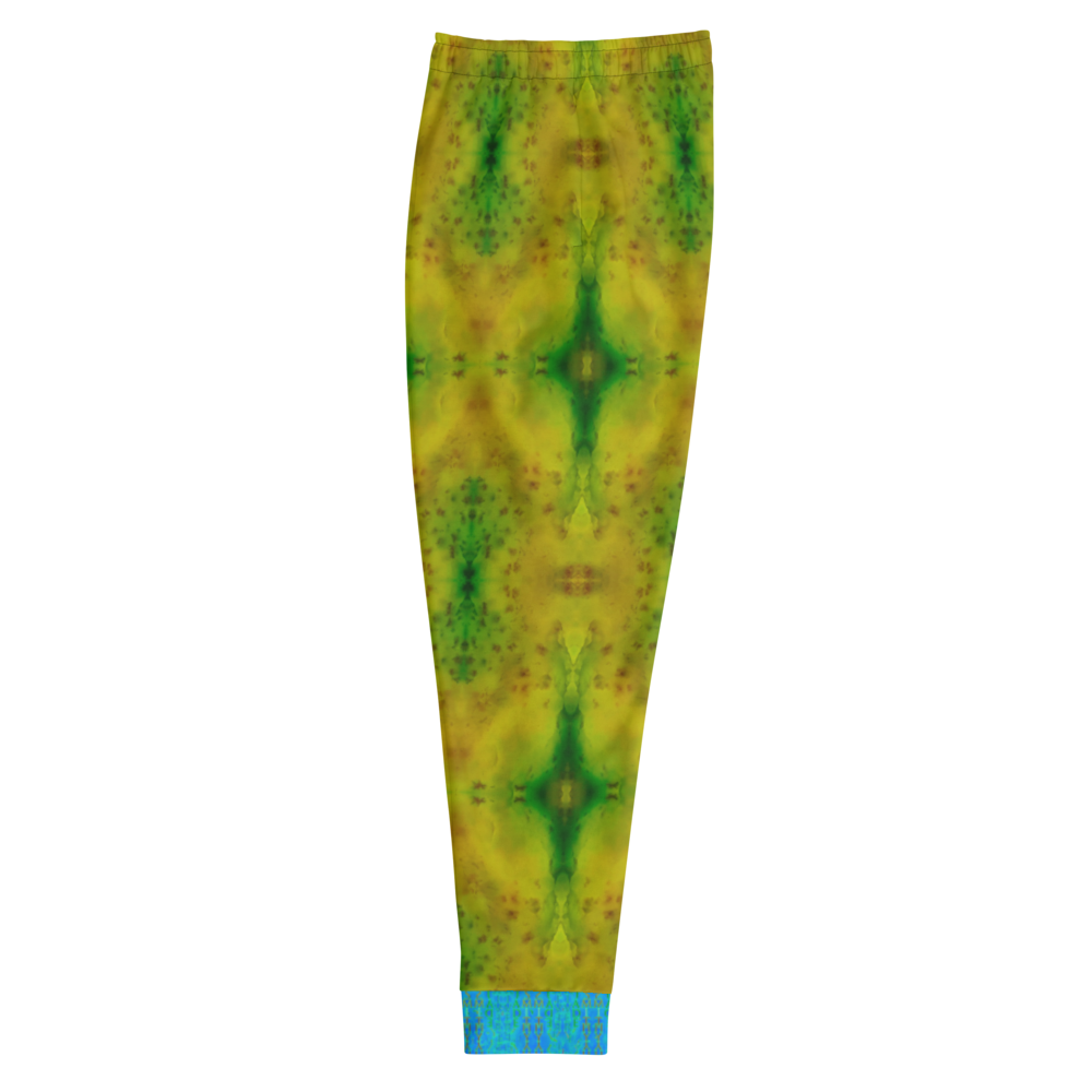 Hand Made, Print on Demand, Apparel & Accessories > Clothing > Activewear, Joggers, Sweatpants, River Jade Smithy, RJS, Travis Huffaker, RJSTH, 70% polyester, 27% cotton, 3% elastane, Slim fit, Blue, Cuffed legs, pockets, Elastic waistband, drawstring, RJSTH@Fabric#10, green, yellow, red, patterned, jade, stone, love, side