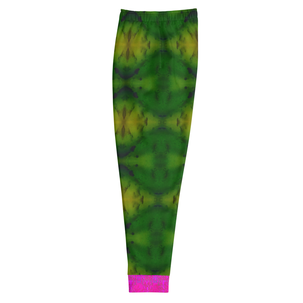 Hand Made, Print on Demand, Apparel & Accessories > Clothing > Activewear, Joggers, Sweatpants, River Jade Smithy, RJS, Travis Huffaker, RJSTH, 70% polyester, 27% cotton, 3% elastane, Slim fit, Pink, Cuffed legs, pockets, Elastic waistband, drawstring, RJSTH@Fabric#7, geometric, patterned, green, purple, jade, stone, side