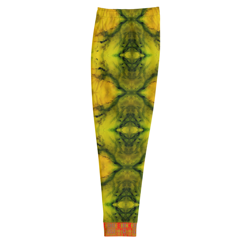Hand Made, Print on Demand, Apparel & Accessories > Clothing > Activewear, Joggers, Sweatpants, River Jade Smithy, RJS, Travis Huffaker, RJSTH, 70% polyester, 27% cotton, 3% elastane, Slim fit, Cuffed legs, pockets, Elastic waistband, drawstring, RJSTH@Fabric#1, geometric, yellow, jade, green, crystal, orange, cuff, side
