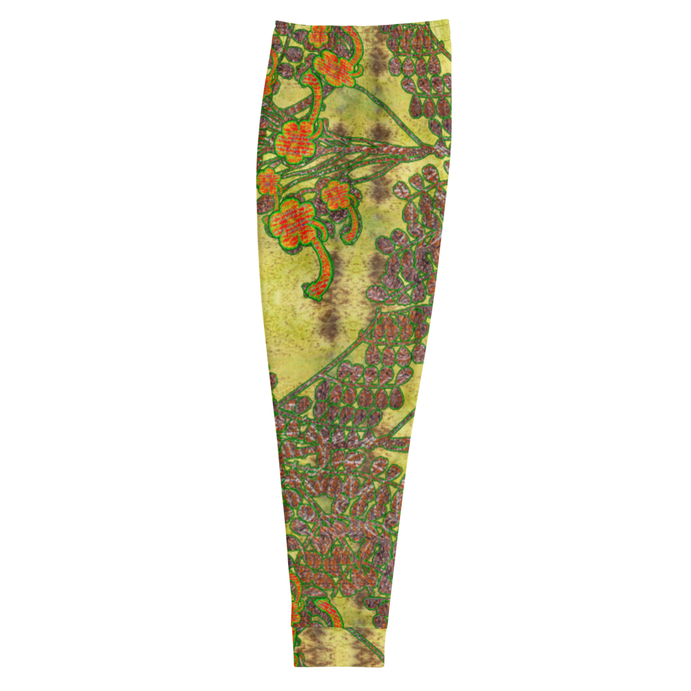 Hand Made, Print on Demand, Apparel & Accessories > Clothing > Activewear, Joggers, Sweatpants, River Jade Smithy, RJS, Travis Huffaker, RJSTH, 70% polyester, 27% cotton, 3% elastane, Slim fit, Cuffed legs, pockets, Elastic waistband, drawstring, RJSTH@Fabric#2, WindSong Flower, raku, green, orange, flowers, copper, side